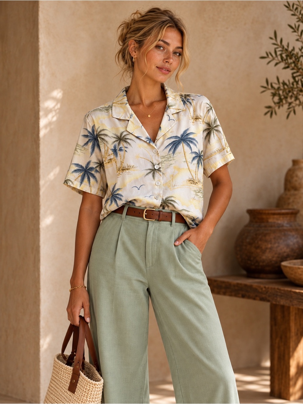 Simply Silk Women’s Small 100% Silk Palm Tree Hawaiian Camp Shirt Cream Blue
